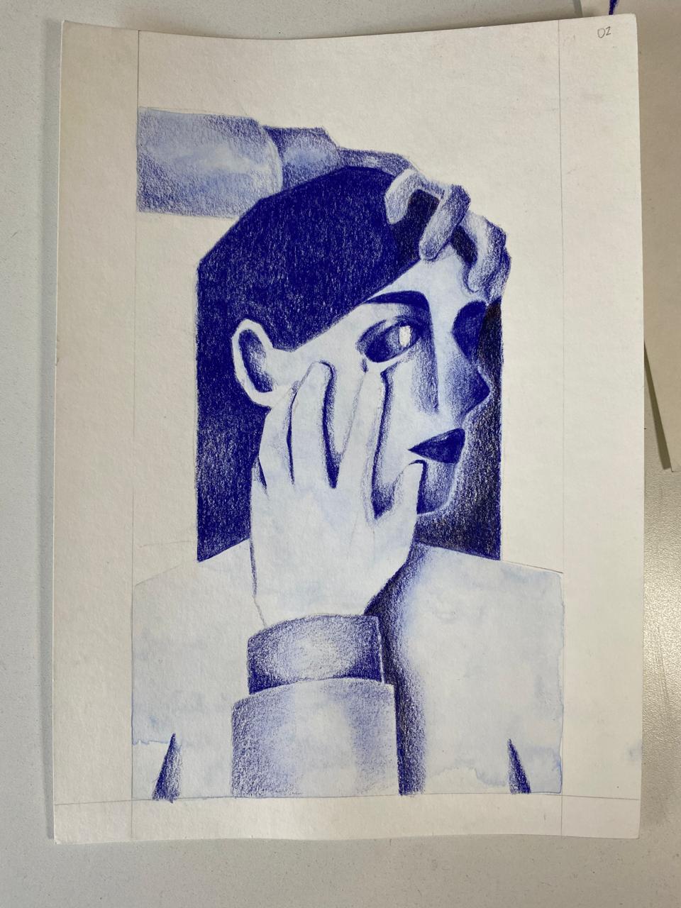 Ilustración azul de un rostro sostenido entre manos