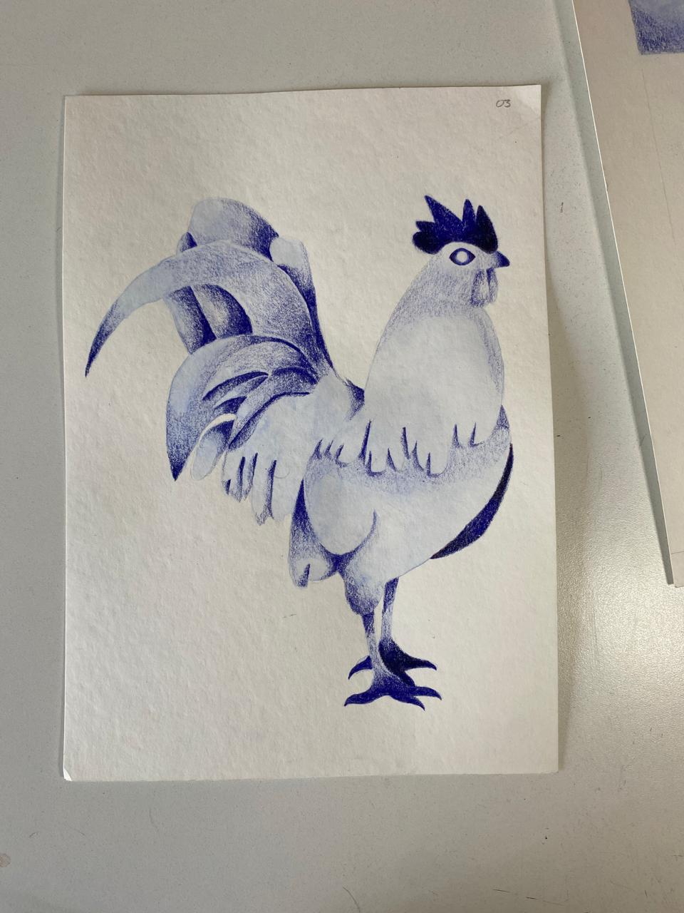 Ilustración azul de un gallo